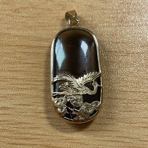 10k Gold Onyx Pendant w Japanese Crane in Katsura Tree
